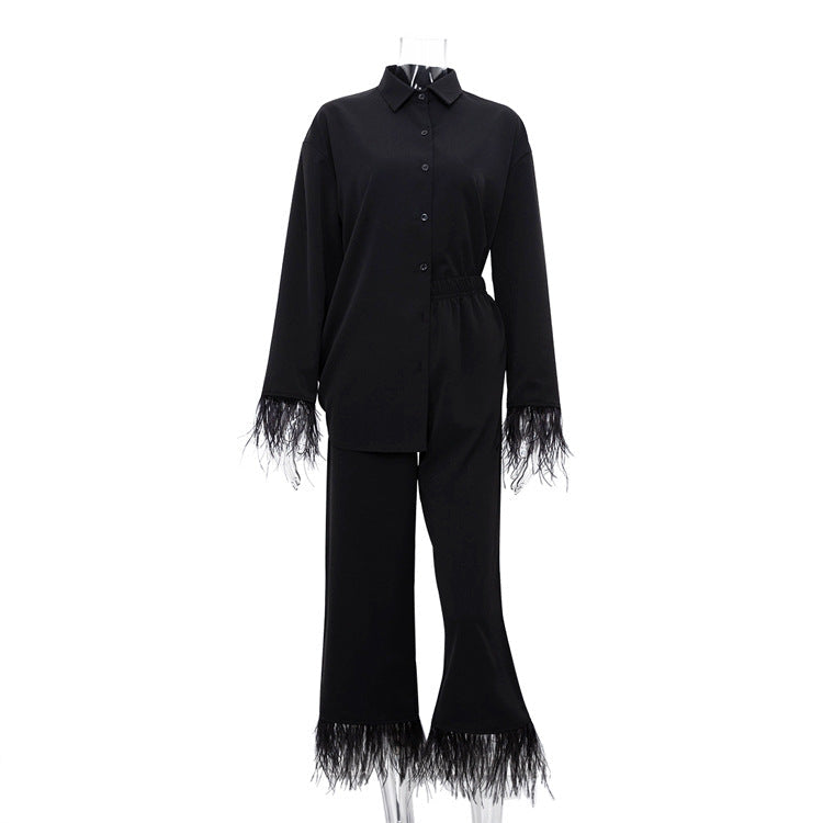 Special-Interest Long Sleeve Feather Shirt Casual Cropped Pants Suit