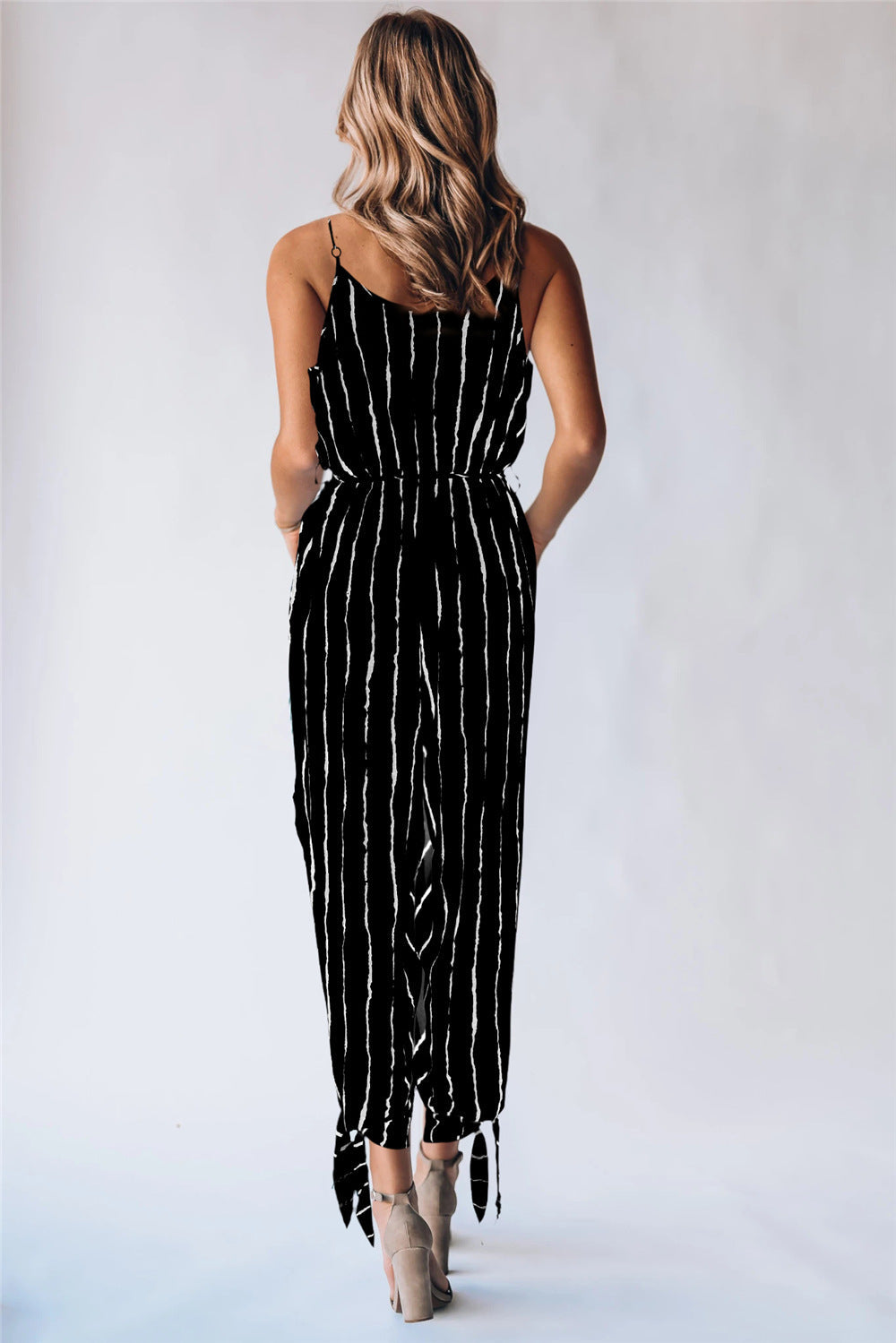 V neck Strap Lace up Striped Jumpsuit