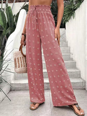 Pantalon décontracté en jacquard à taille haute, coupe ample et élastique, coupe ample, jambes larges