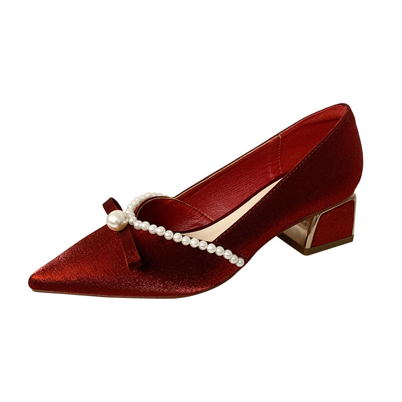 Pearl Bow Pumps Mid Chunky Pointed High