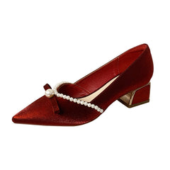 Pearl Bow Pumps Mid Chunky Pointed High