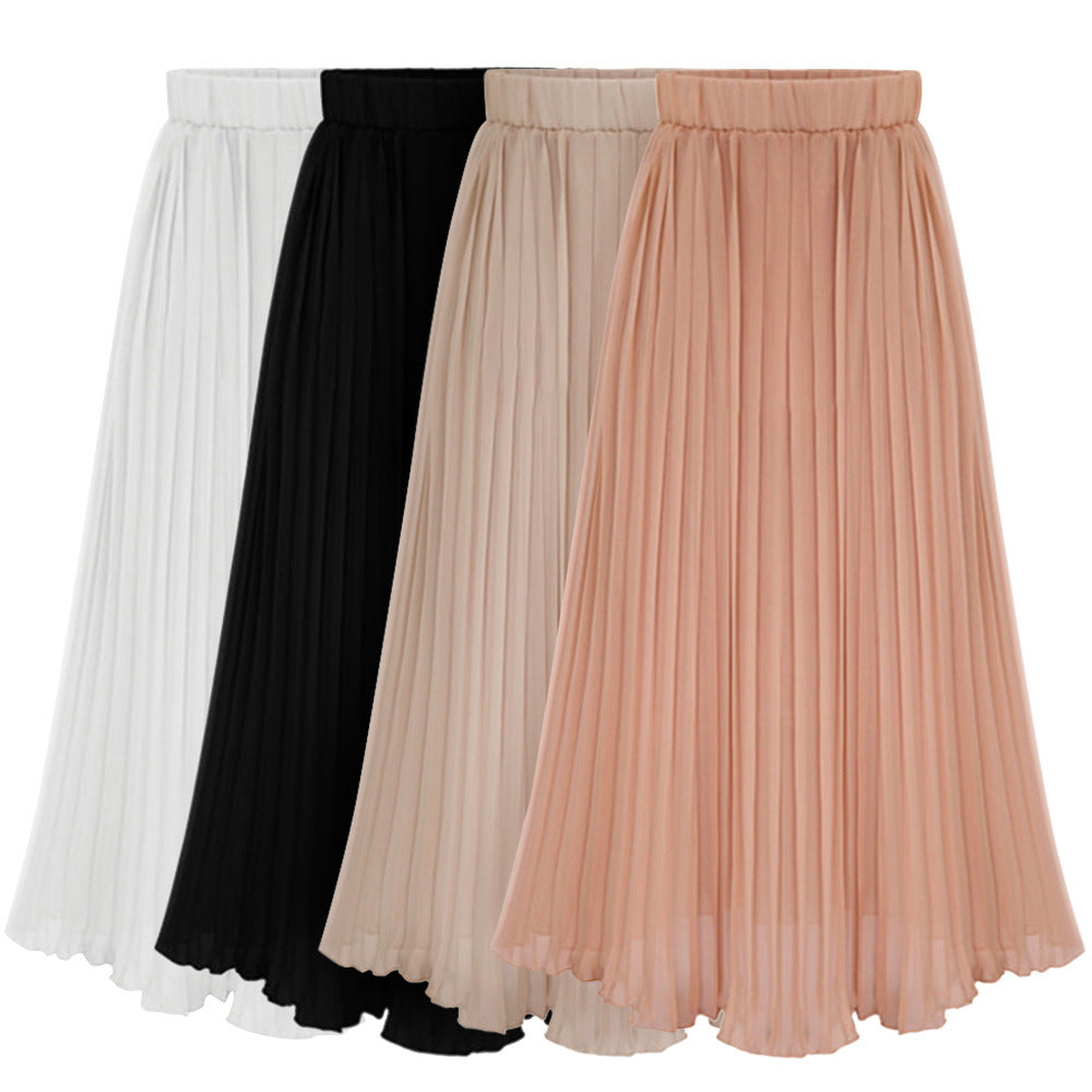 Casual Solid Color All-Matching Waist Chiffon Skirt A- line Skirt Pleated Skirt