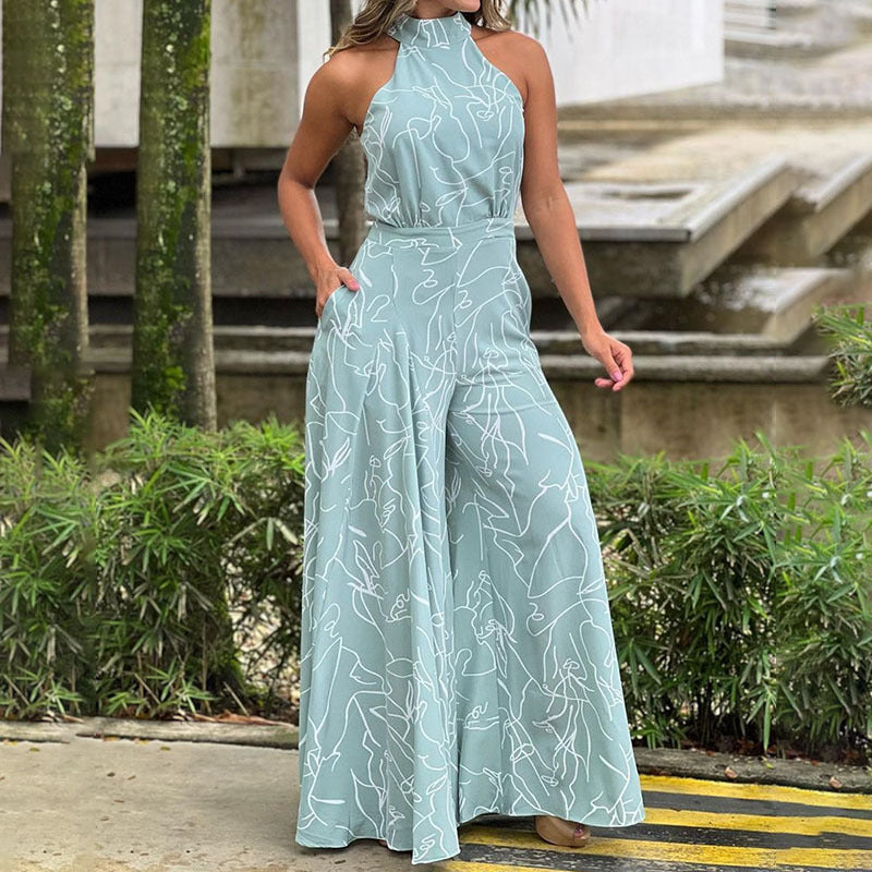 Elegant High Waist Lace up Sleeveless Halter Trousers Jumpsuit