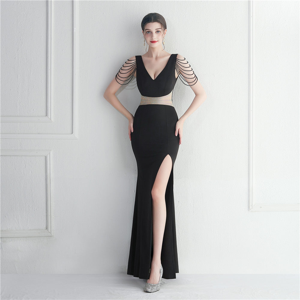 Robe longue de soirée ornée de strass et de perles pour hôte, dîner, mariage