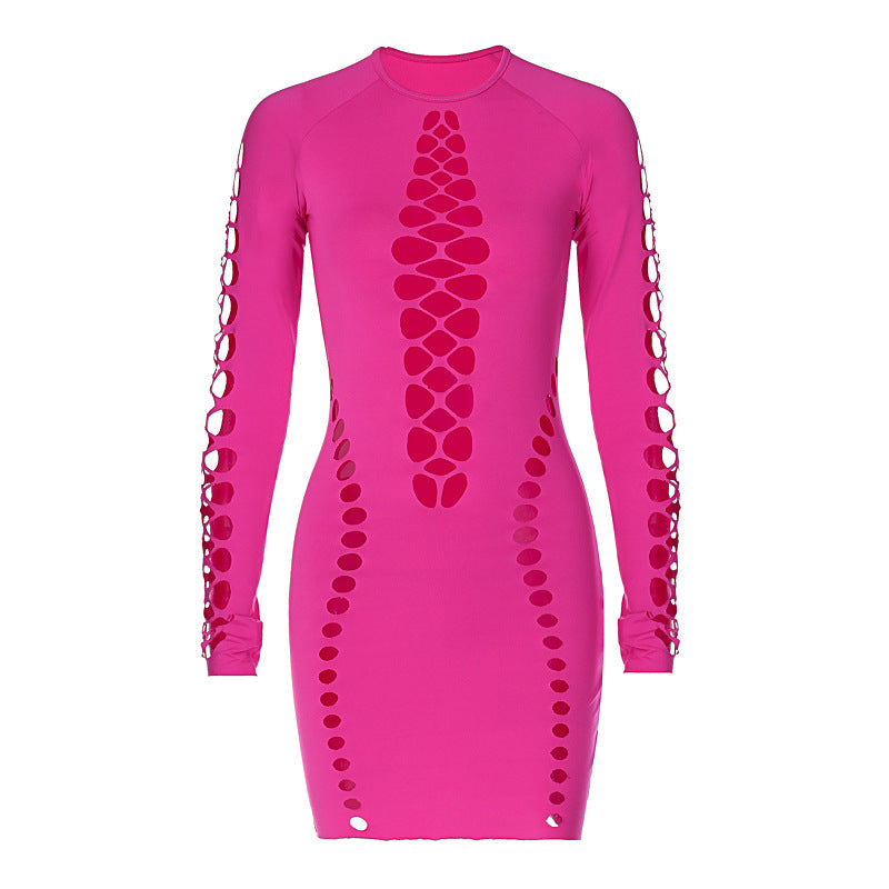 Solid Color Hollow Out Cutout Long Sleeved O neck Short Close Fitting Dress