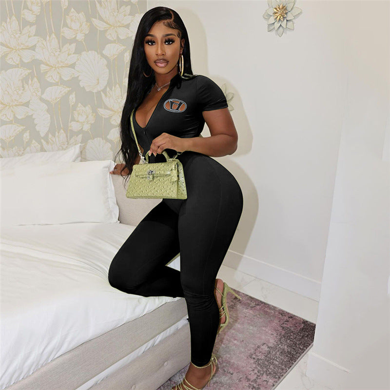 Embroidery High Waist Tight Sports Fitness Jumpsuit