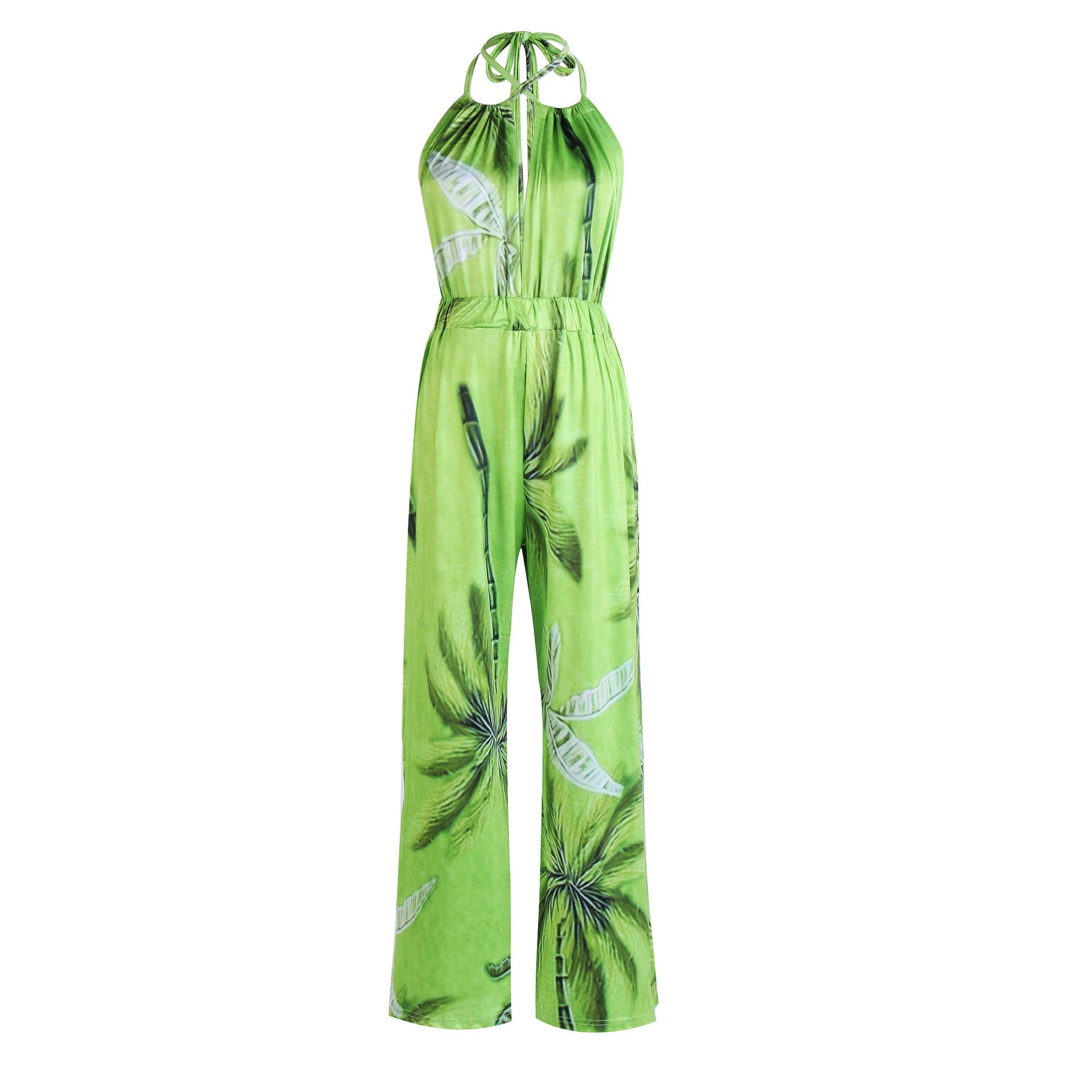 Printed Backless Jumpsuit Split Straight Pants Wide Leg Pants