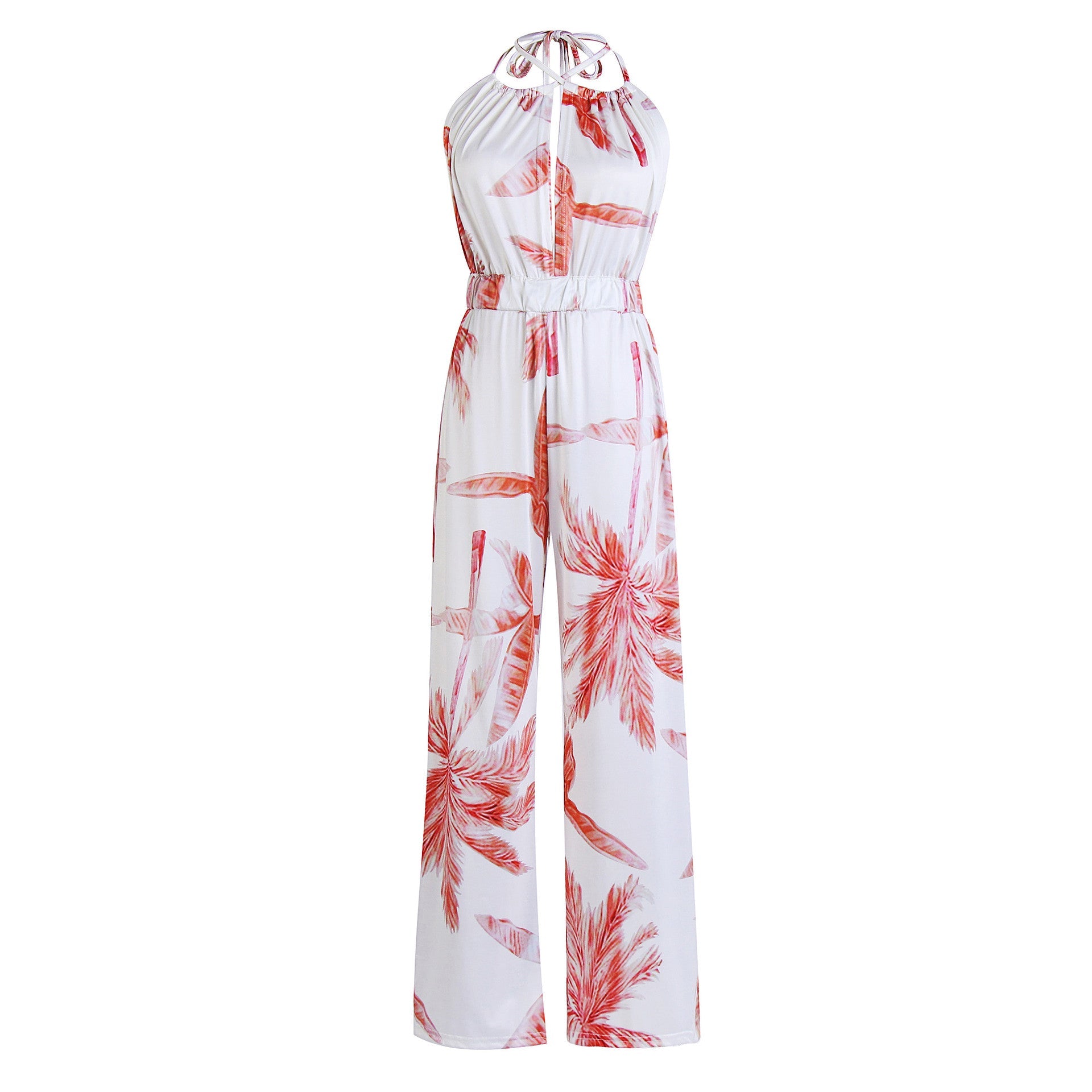 Printed Backless Jumpsuit Split Straight Pants Wide Leg Pants
