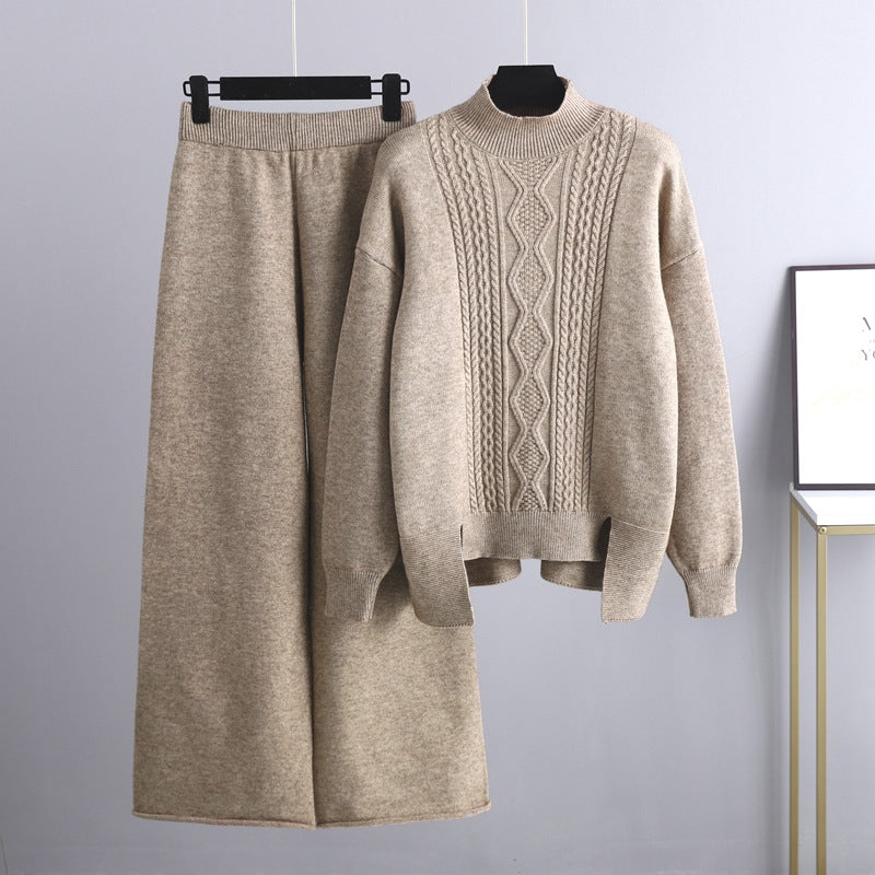 Slimming Knitted Suit Thickened Loose Turtleneck Sweater Wide Leg Pants Two Piece Suit