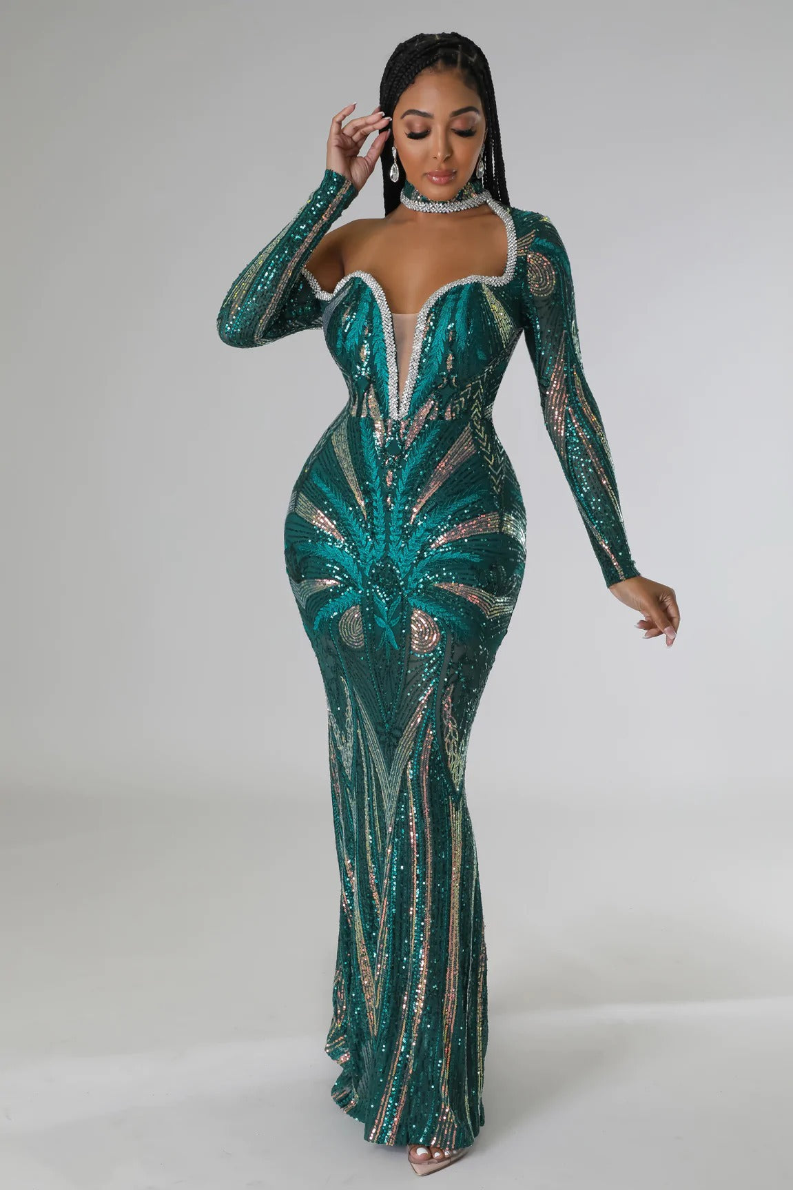 Robe à paillettes à col en V et dos nu, coupe ajustée, pour soirée d'hôte