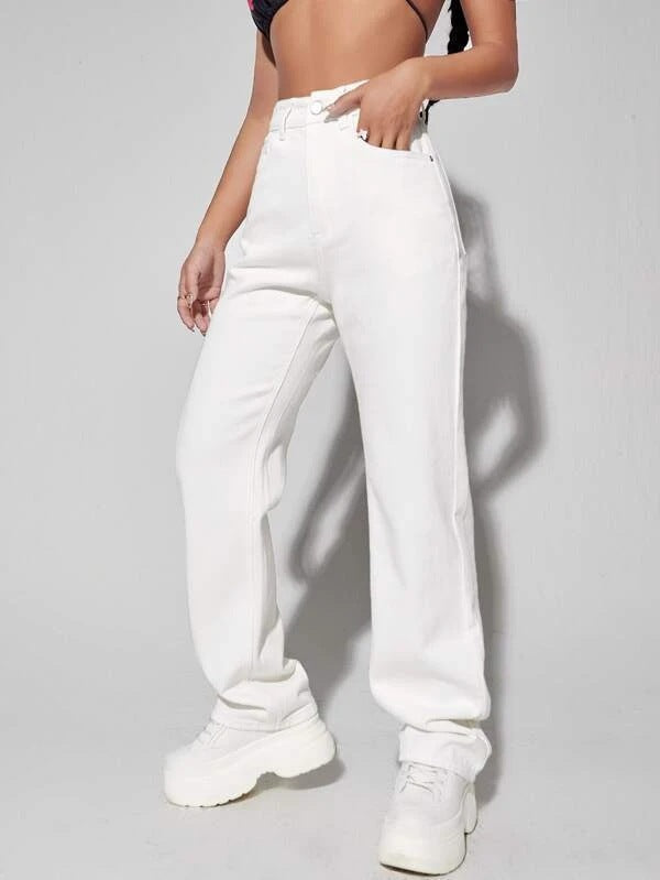 Pantalon blanc à jambes larges, taille haute, jean amincissant tombant, pantalon High Street