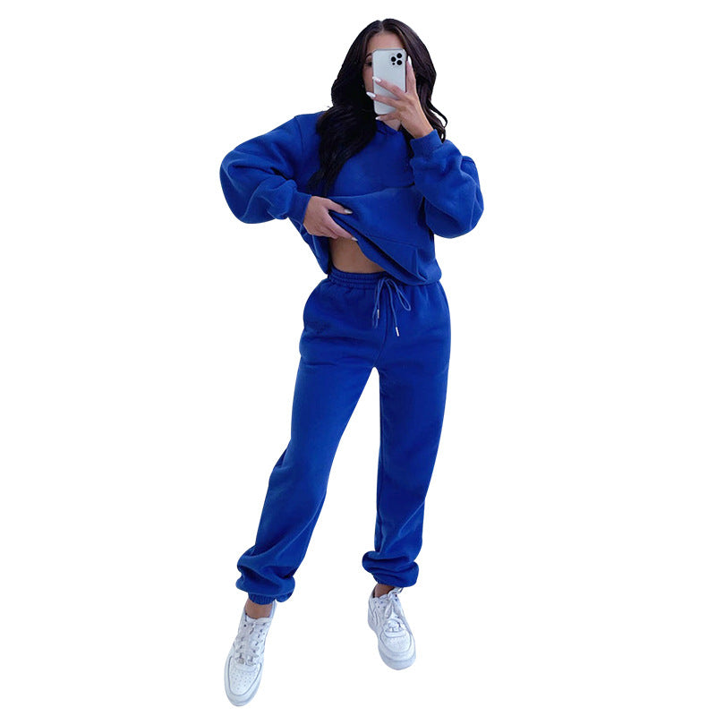 Solid Color Long Sleeve Hooded Fleece Lined Sweater Casual Trousers sets