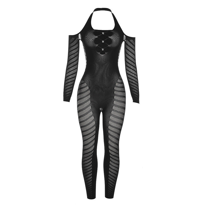 Cutout Knitted Crochet Tight Long Sleeve Jumpsuit