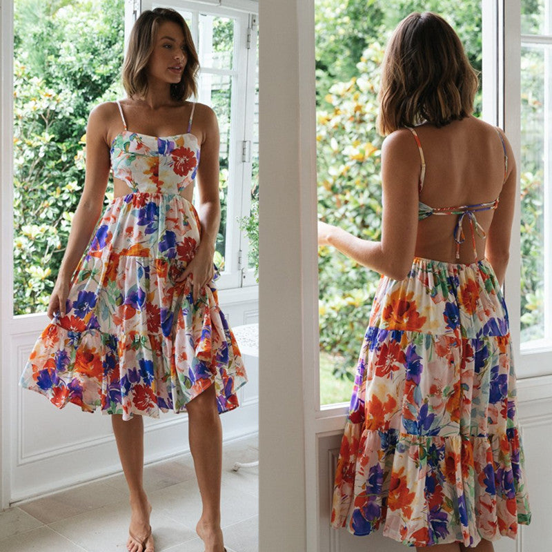 Sundress Printed Strap Backless Lace-up Large Swing Dress