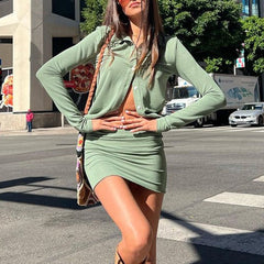 Casual Suit Solid Color Long-Sleeved Polo Collar Top Collared Single Breasted Hip Skirt