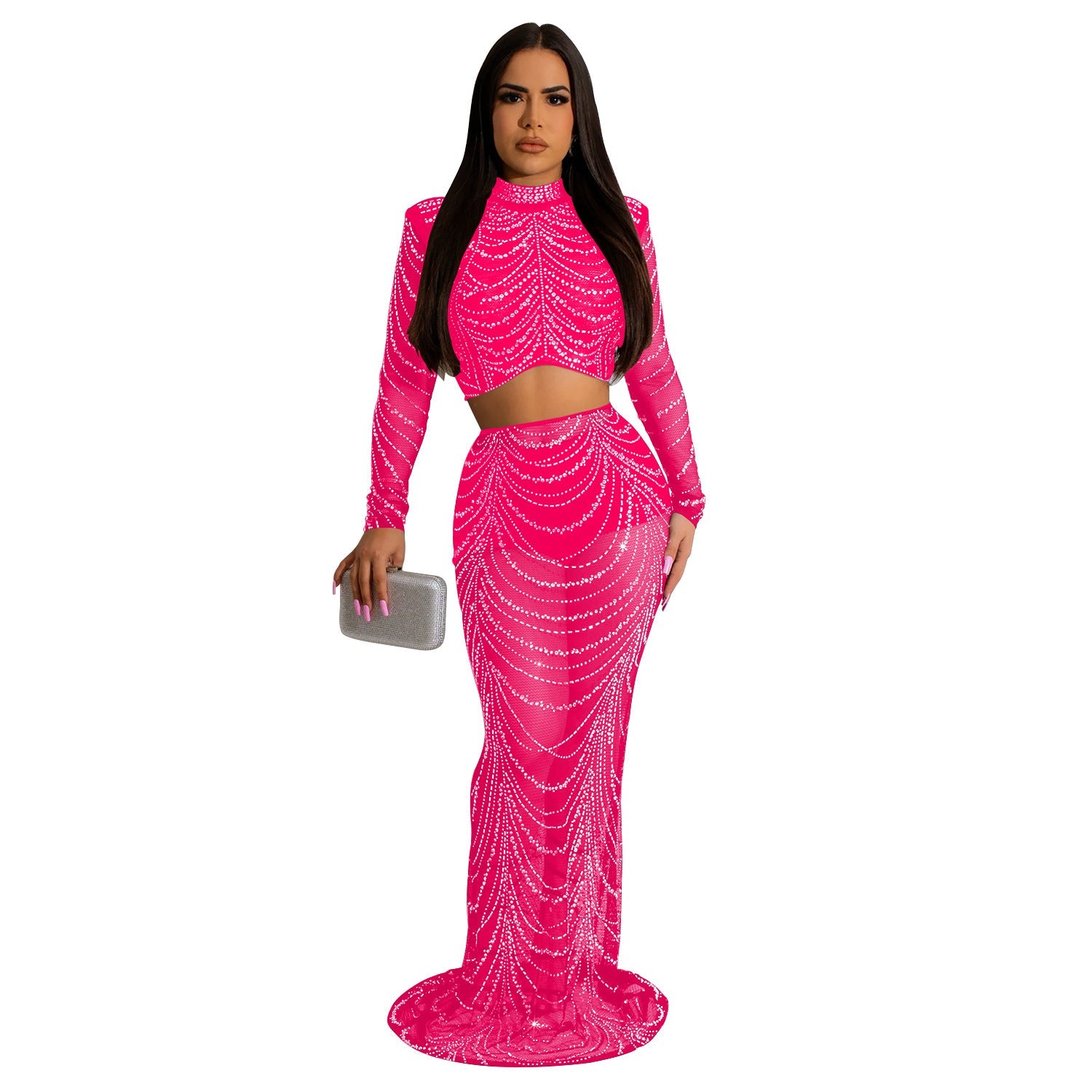 Ensemble deux pièces robe à manches longues en maille de couleur unie