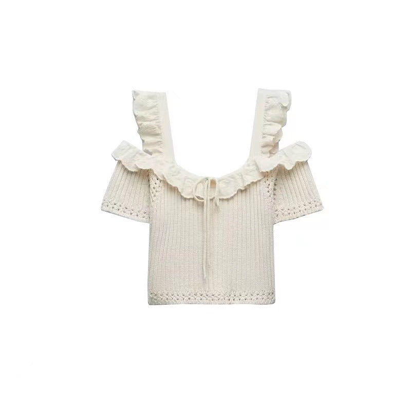 Straight Collar Exposed Shoulder Strap Knitted Sling Short Stitching Outerwear Top