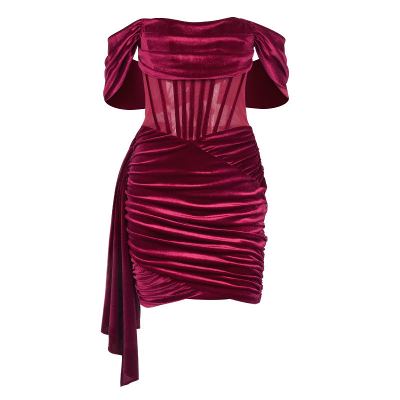Boning Corset Boning Corset Velvet Strapless See through Ruffle Hip Short Christmas Dress