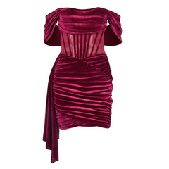 Boning Corset Boning Corset Velvet Strapless See through Ruffle Hip Short Christmas Dress