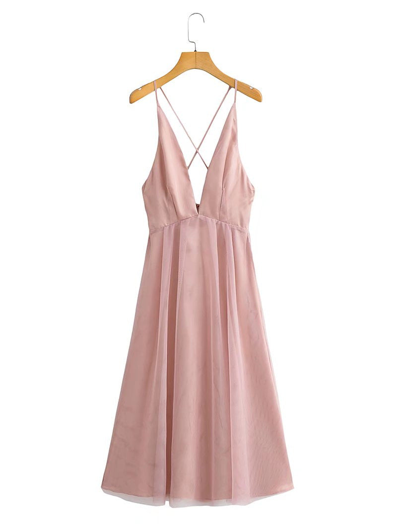 French Deep V-neck Backless Gauzy High Waist Maxi Dress Female