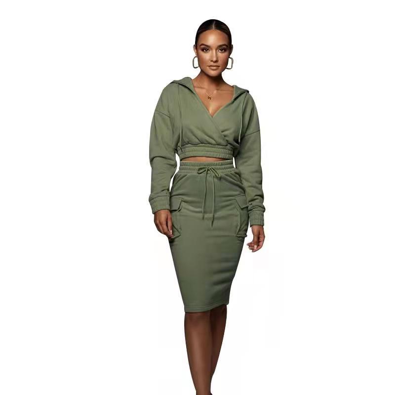 Solid Color V-neck Hooded Hip Wrapped Mid Length Skirt Urban Casual Long Sleeve Sweatshirt Suit