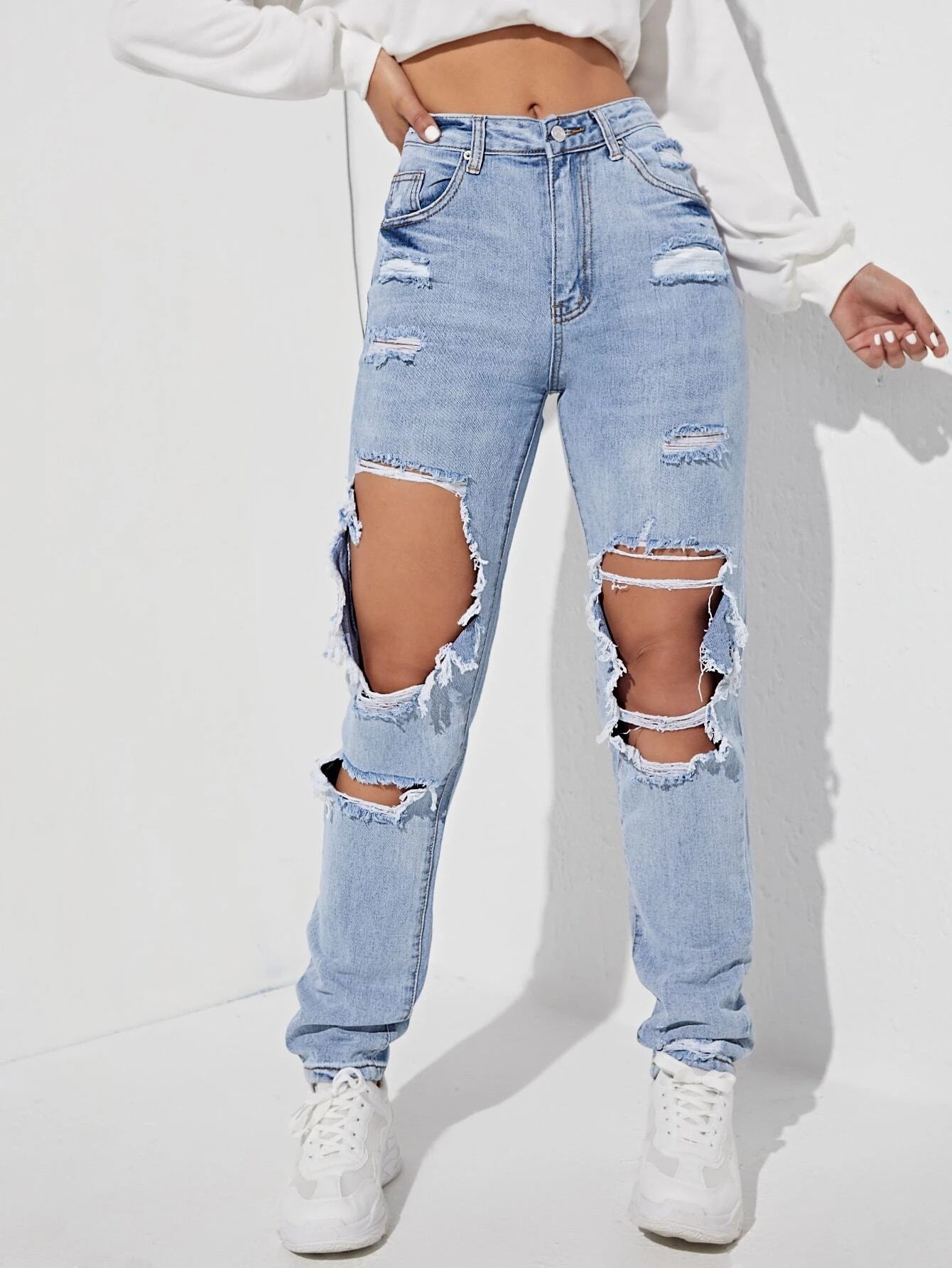 Pantalon en jean droit taille haute à larges déchirures