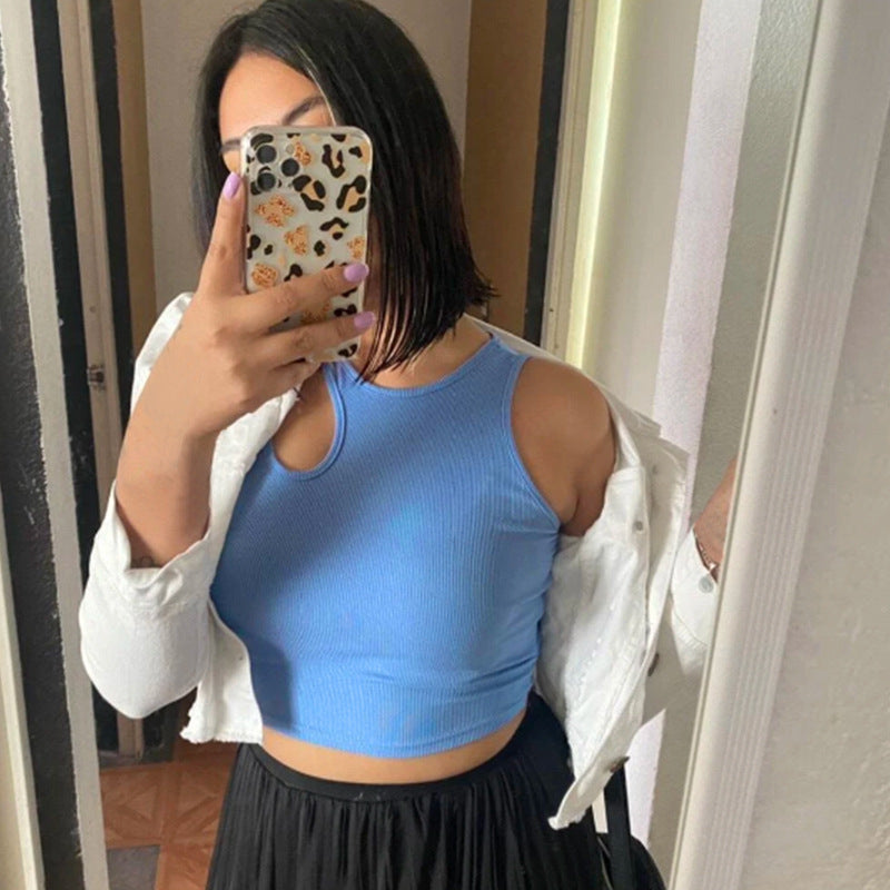 Ribbed Bare Cropped Slim Fit Top Hollow Out Cutout Sleeveless round Neck Vest