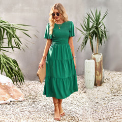 Waist Tight Slimming Large Hem Dress round Neck Smocking Vacation Dress