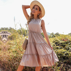 Vest Solid Color Pleated Wooden Ear Holiday Dress