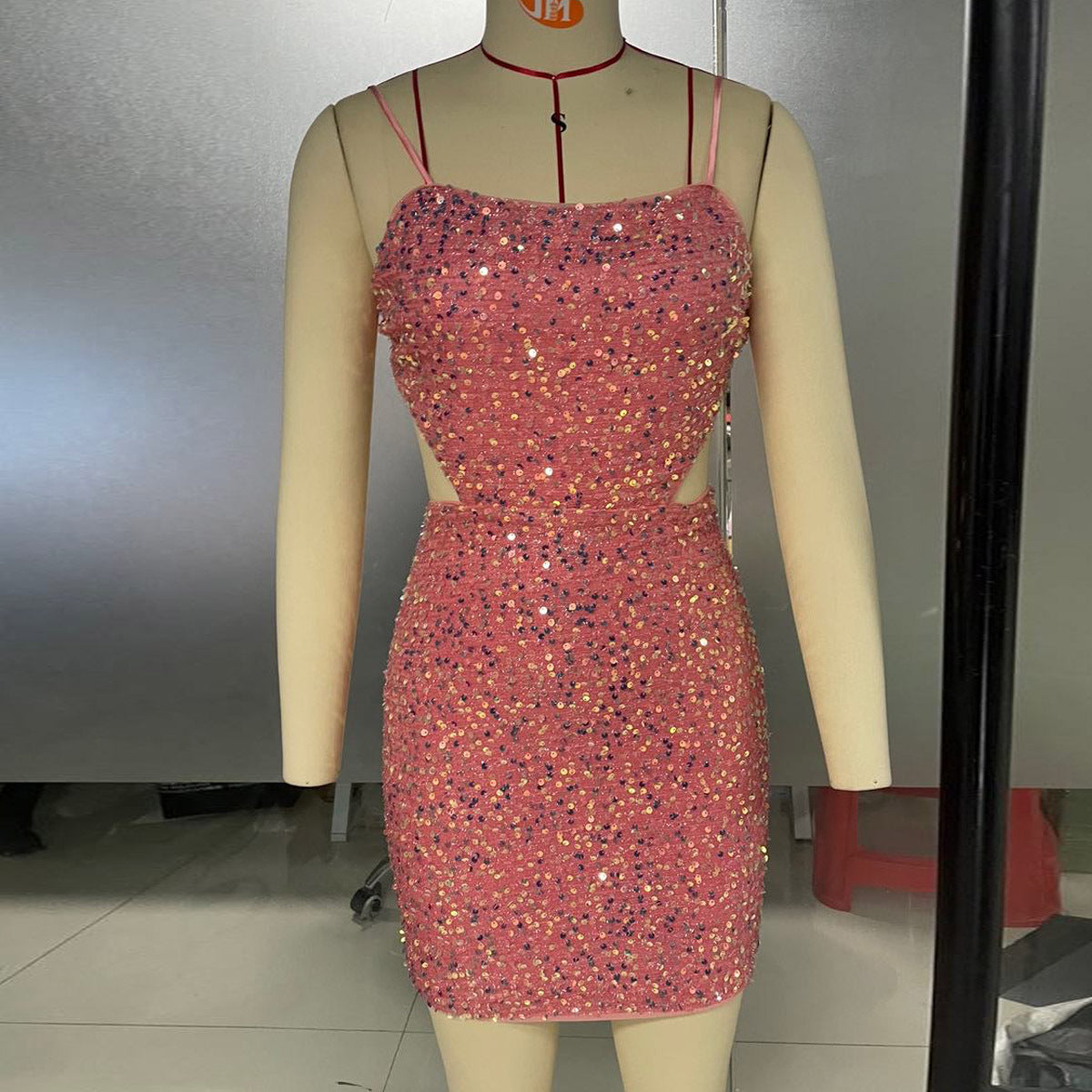 Seller Backless Dress Solid Color Strap Sequined Hip