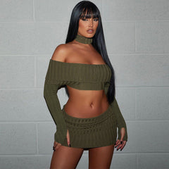 Tube Top off Shoulder Long Sleeve Top Sunken Stripe Knitted Hip Skirt Two Piece Set