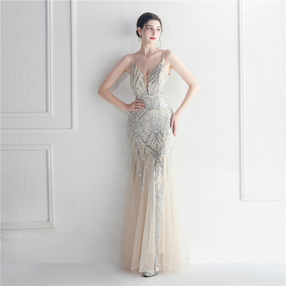 Mesh Beads Sequined Dress Long Evening Dress Star Event Exhibition Stage