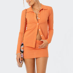 Casual Suit Solid Color Long-Sleeved Polo Collar Top Collared Single Breasted Hip Skirt