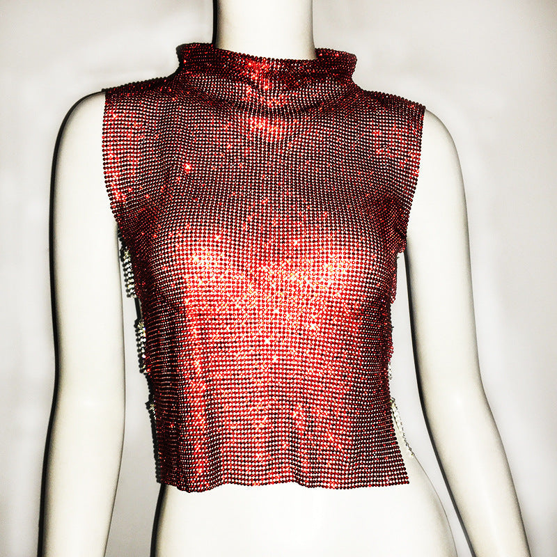 Women's Full Diamond Vest Luxury Turtleneck Rhinestone Top Nightclub Vest