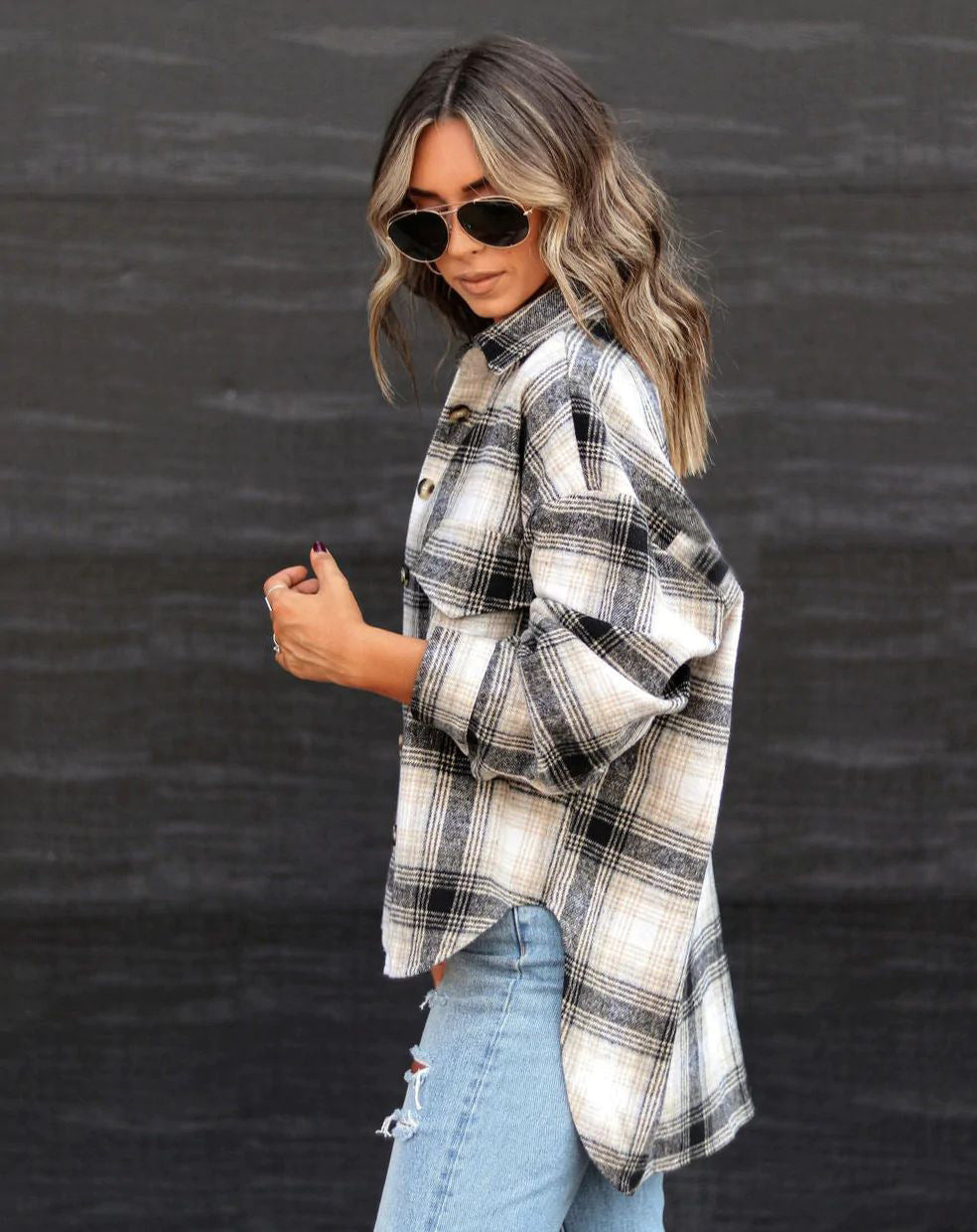 Long Sleeve Loose Plaid Shirt Woolen Coat