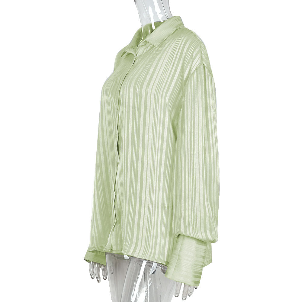 Supply Hollow Out Cutout Loose Cardigan Shirt Collar Sheer Long Sleeve Shirt