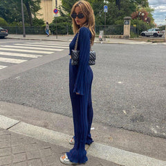 Early Chanel Long Sleeve T shirt Two Piece Slim Blue Pleated Wide Leg Trousers Suit