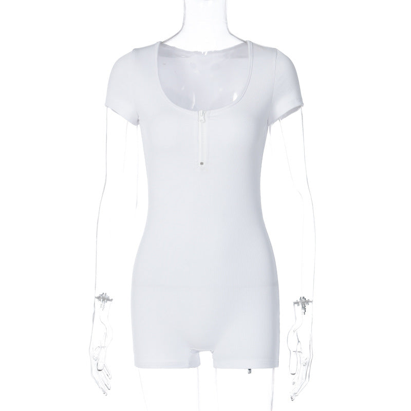 Zipper Short Sleeve Solid Color U Shaped Collar Tight Jumpsuit Sports Fitness Shorts