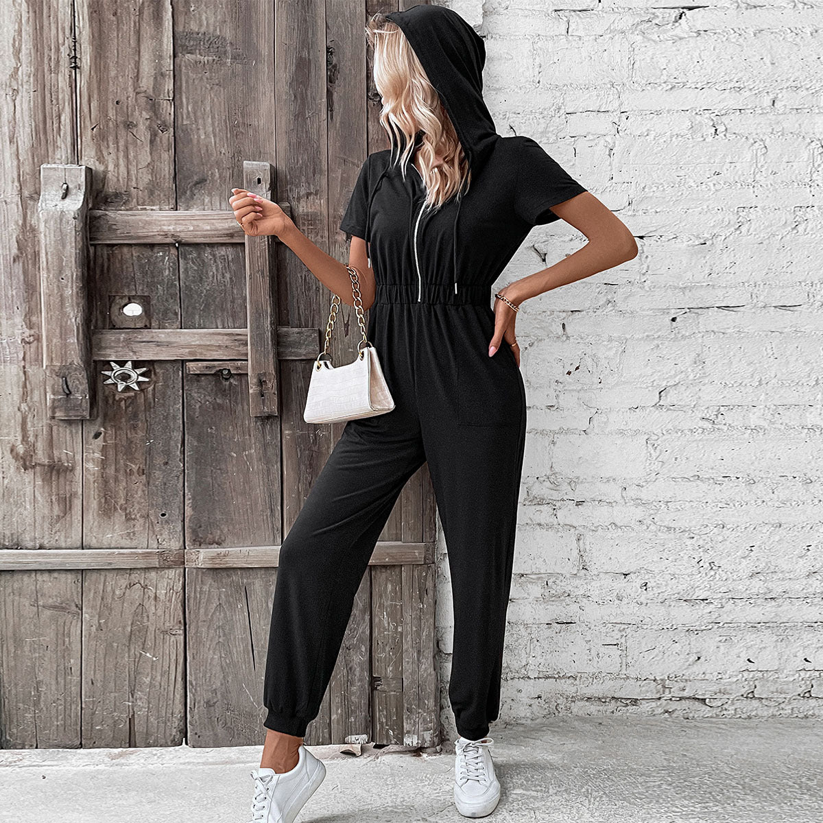 Hooded Work Solid Color Jumpsuit