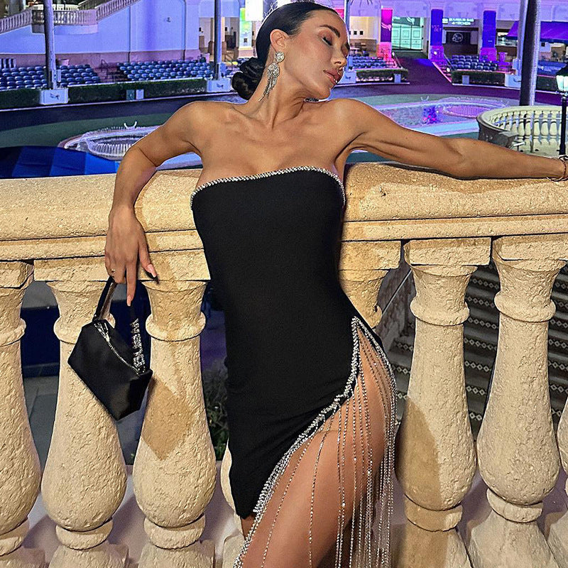 Solid Color Chest Wrap Adult Lady like Woman Stitching Tassel Split Dress