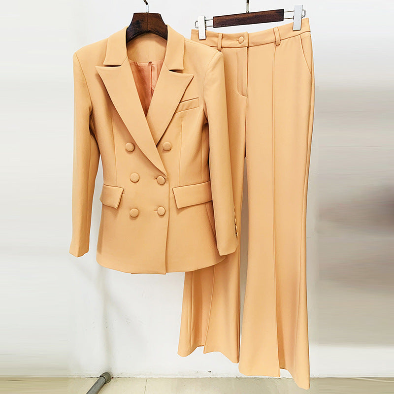 Stars Double Breasted Slim Blazer Flared Pants Suit Two Piece Suit