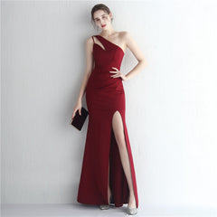 Satin Slim Fit One Shoulder Long Debutante Gala Dinner Slimming Fishtail Wedding Car Model Exhibition Dress