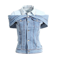 Sweet Cool Stacked Shirt Slimming Denim Shirt Color Matching Faux Two Piece off Shoulder Waist Tight Denim Shirt