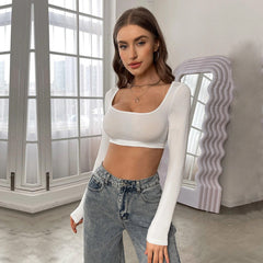 Sports Casual Cropped Knitted High Elastic Long Sleeved T shirt Top