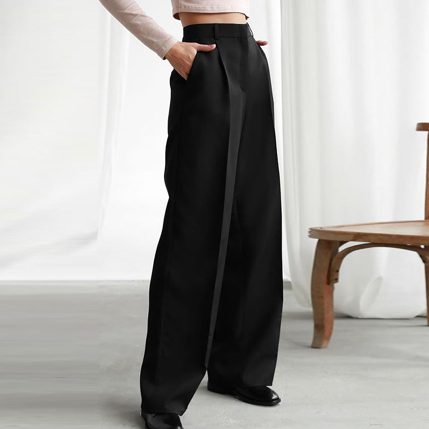 Pantalon de travail décontracté pour le bureau, taille haute, jambes larges, drapé et plissé