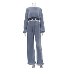 Long Sleeve cropped Shirt Pleated Wide Leg Trousers Two Piece Set