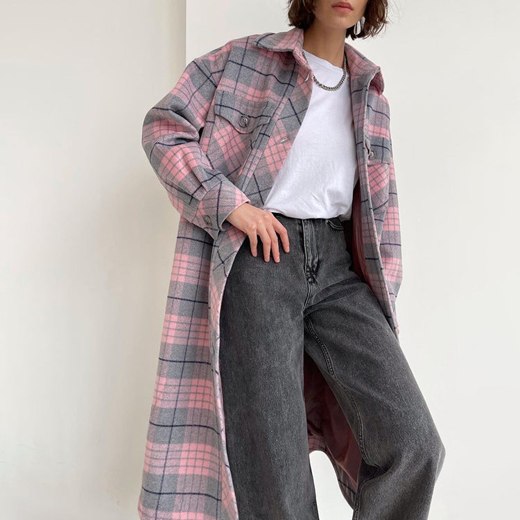 Long Sleeve Collared Plaid Coat Casual Woolen Long Cut Coat