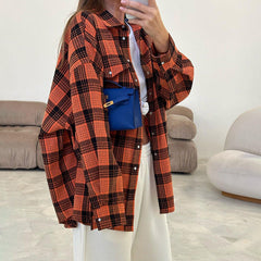 Retro Plaid Shirt Casual Plaid Top All Matching Collared Loose Mid Length Shirt