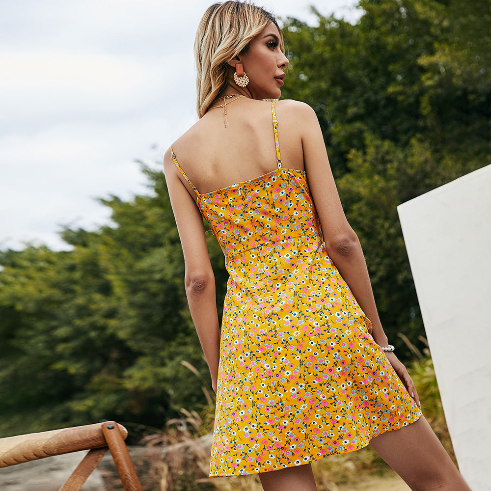 Blue Floral Printed Short Strap Dress Sundress