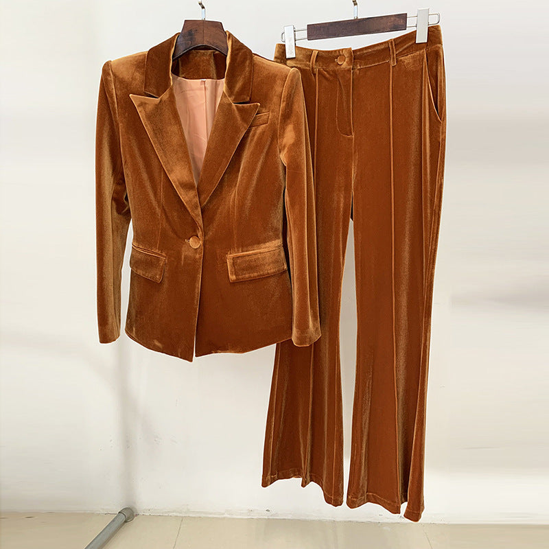 Business One Button Pleuche Blazer Bell-Bottom Pants Suit Two-Piece Set